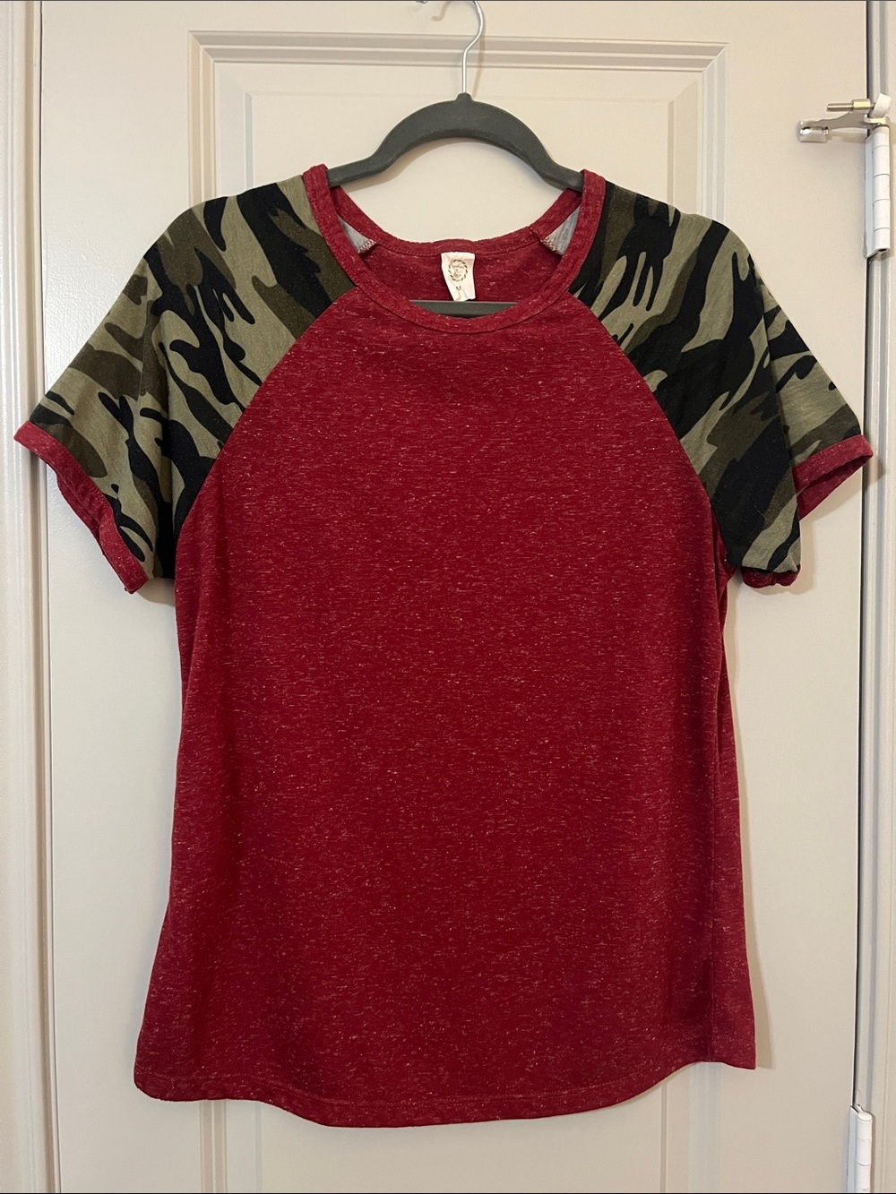 Women's Red Raglan Tee with Camo Short Sleeves